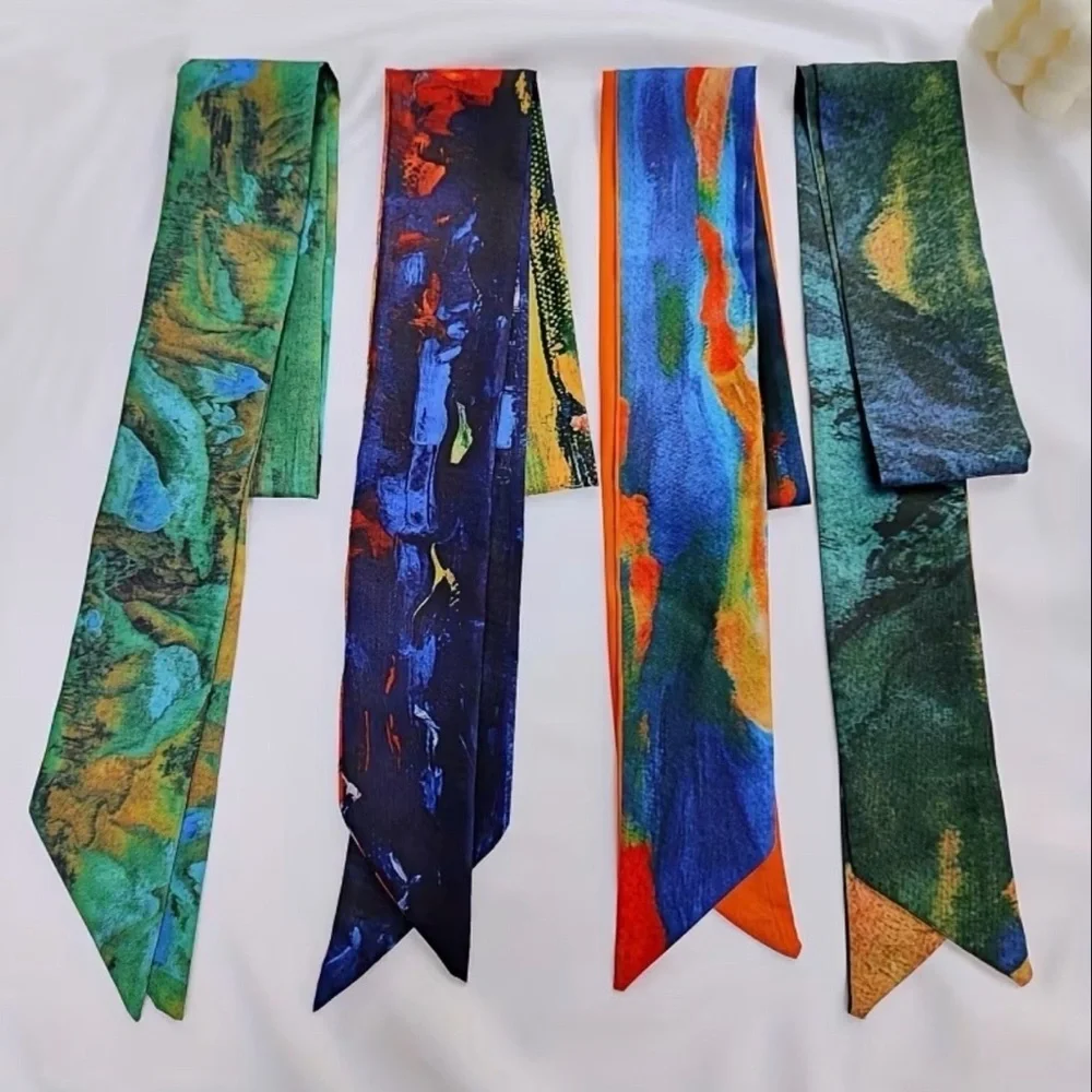 Set of 6 Abstract Oil Painting Art Print Twilly Scarves Silk Twillies
